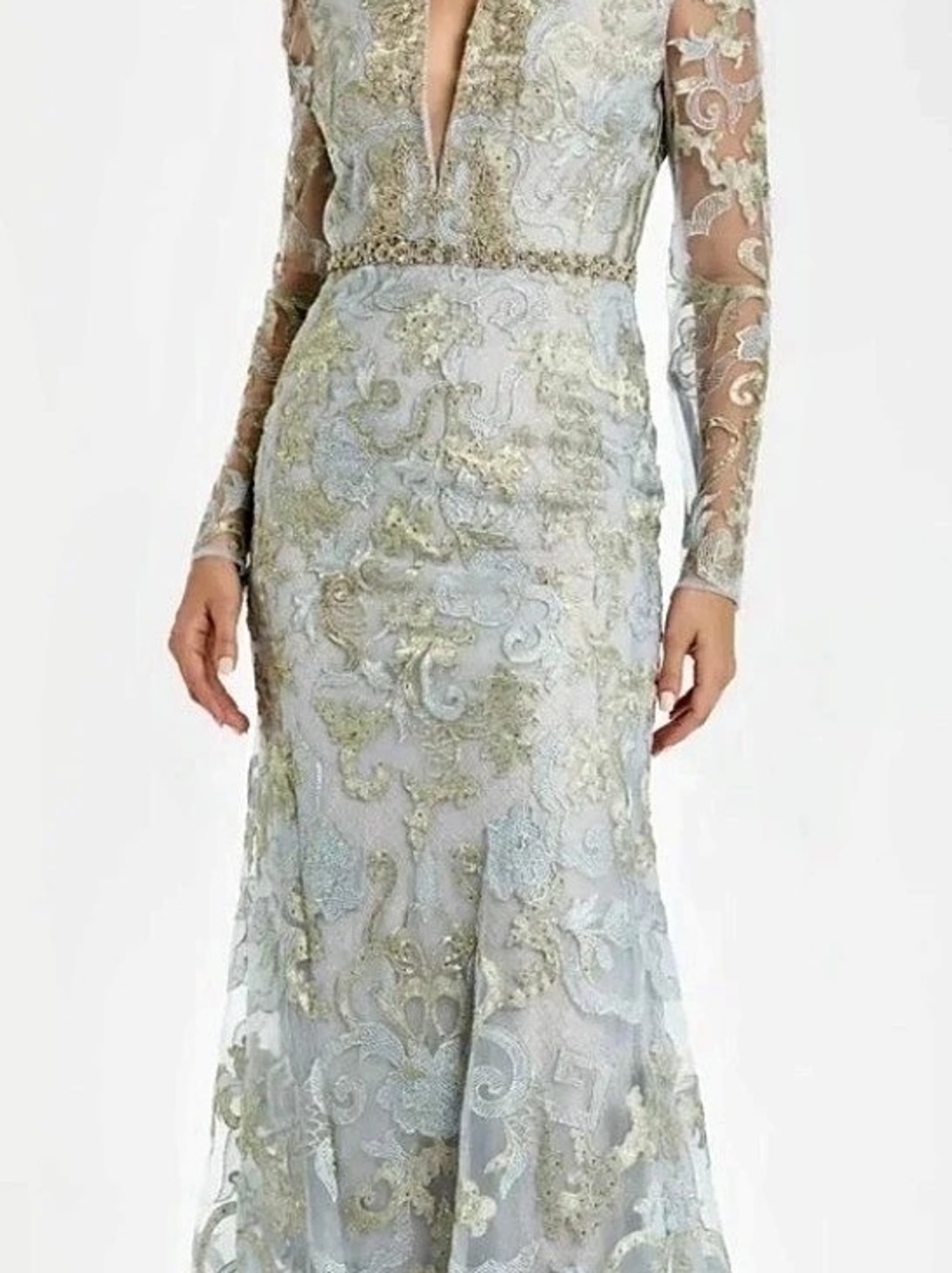 NWT Mac Duggal Powder Blue &  Gold Long Sleeve Applique V-Neck Gown sz 14